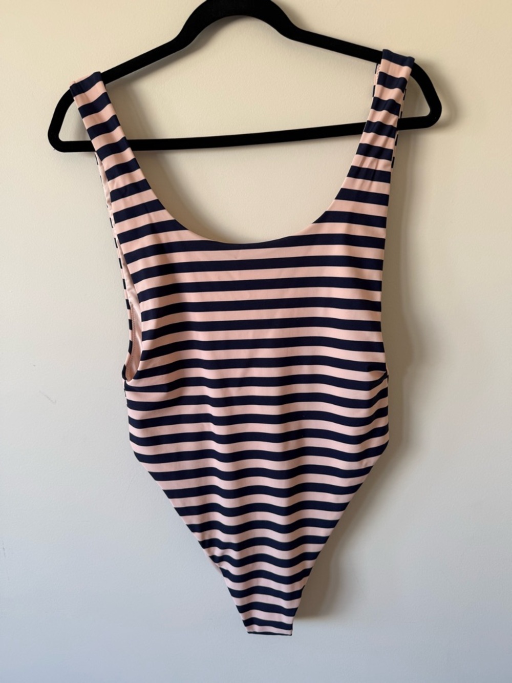 97. | aerie | Striped One-Piece Swimsuit in Blush Pink and Navy | L
